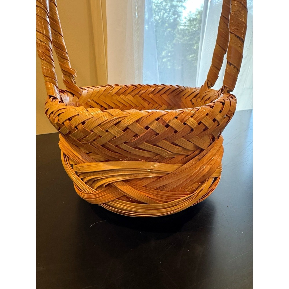 Vintage Wicker Weaved Basket Handle Round Brown Small 8in Dia x 10in High